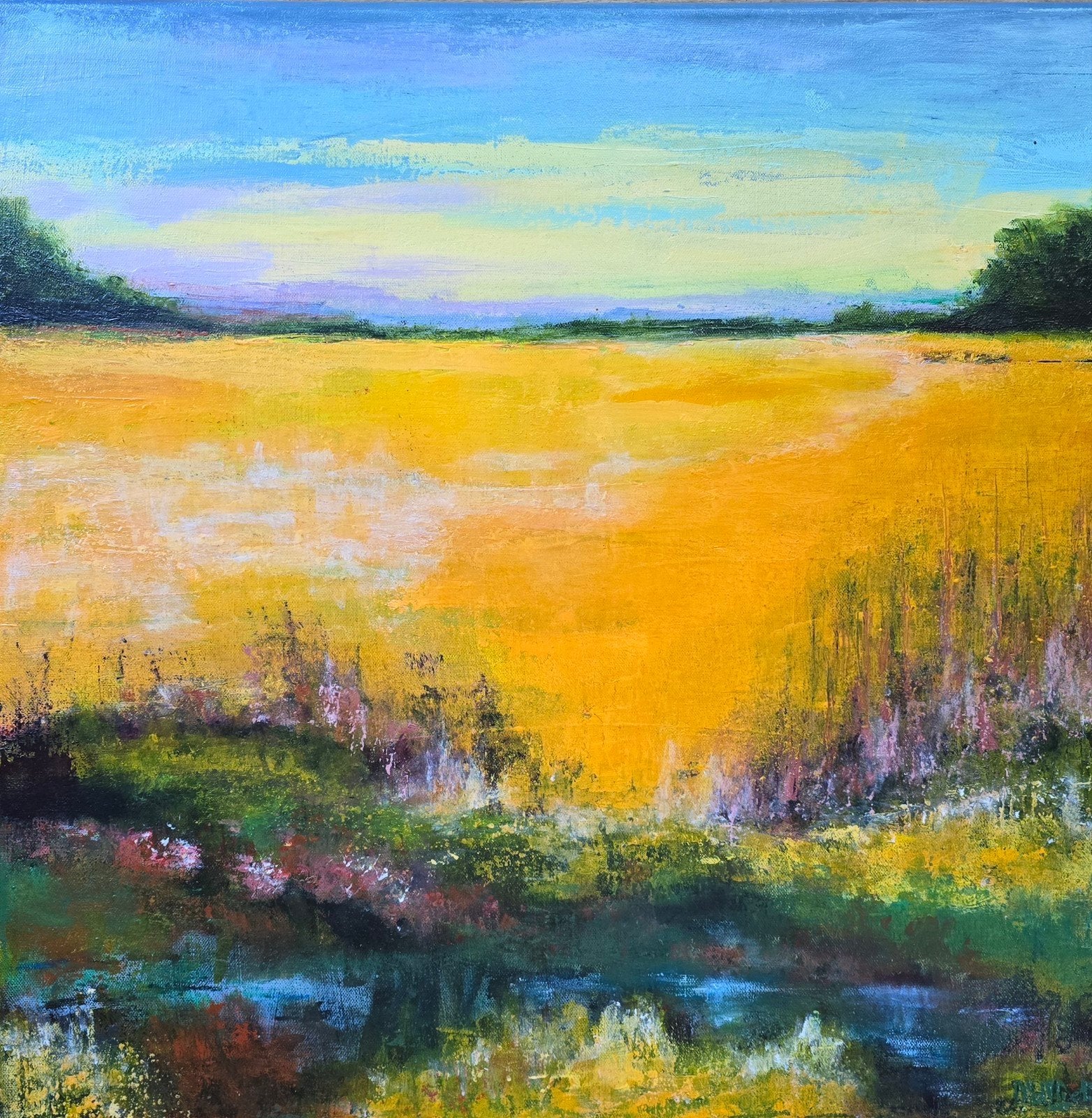 Korenlandschap, acrylverf schilderij, 60x60 cm, Ophalen of Verzenden