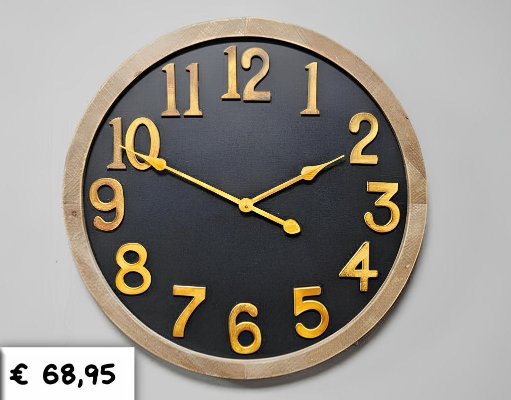Landelijke Houten Wandklok Zwart & Goud - Ø 60 cm, Ophalen, Nieuw, Analoog, Wandklok