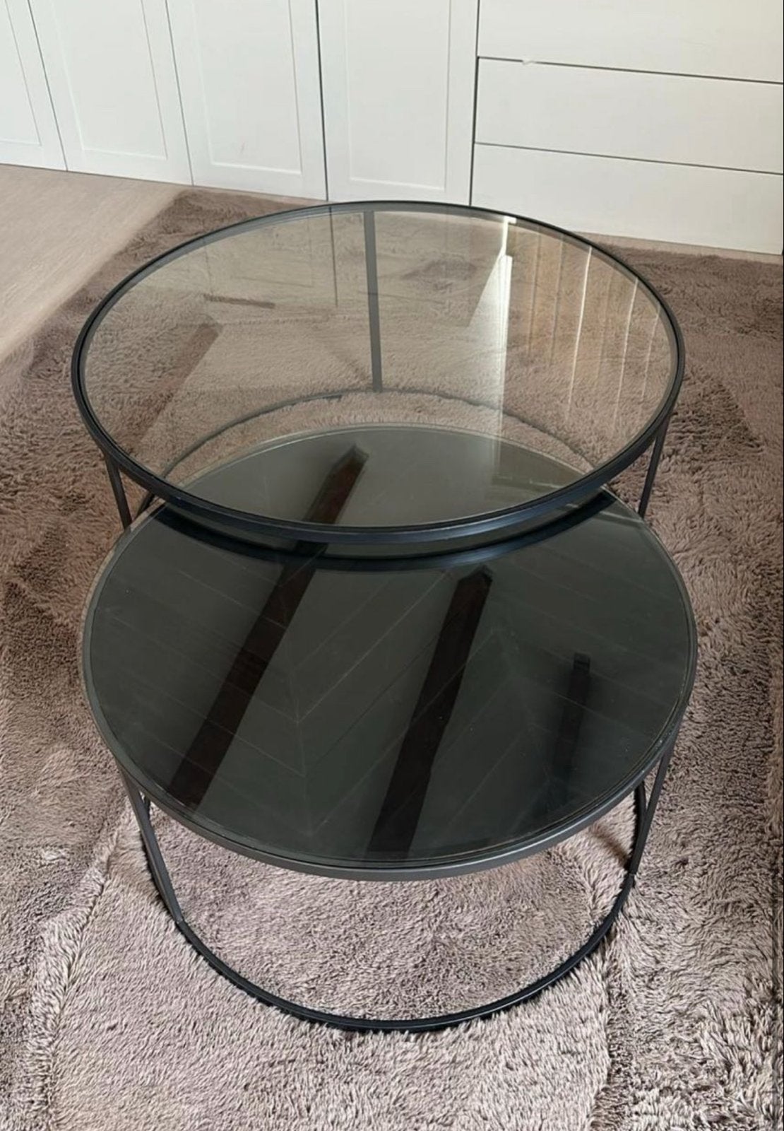 Set van 2 ronde salontafels, glas en metaal, Ophalen, 50 – 75, Gebruikt, Rond