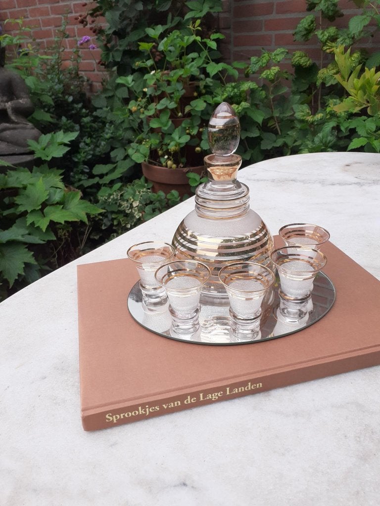 Vintage glazen likeurset met gouden randen, Ophalen of Verzenden