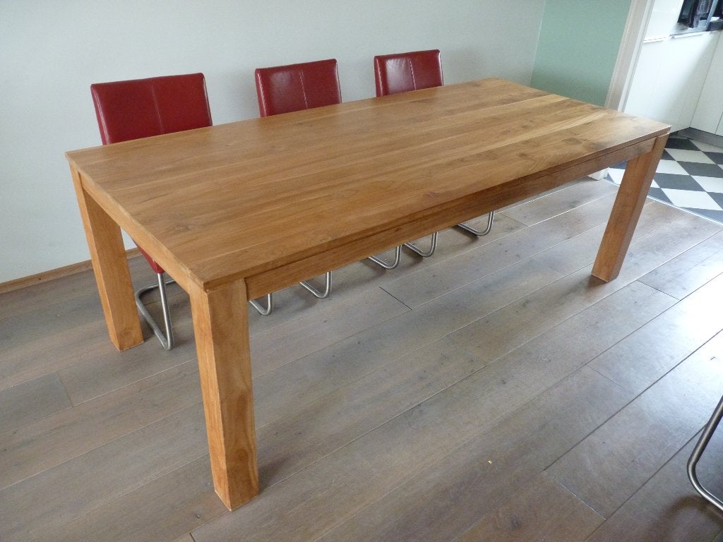 teakhouten tafel / eettafel / tafel / bureau 220 x 100, Ophalen, Gebruikt, Teakhout, 200 cm of meer