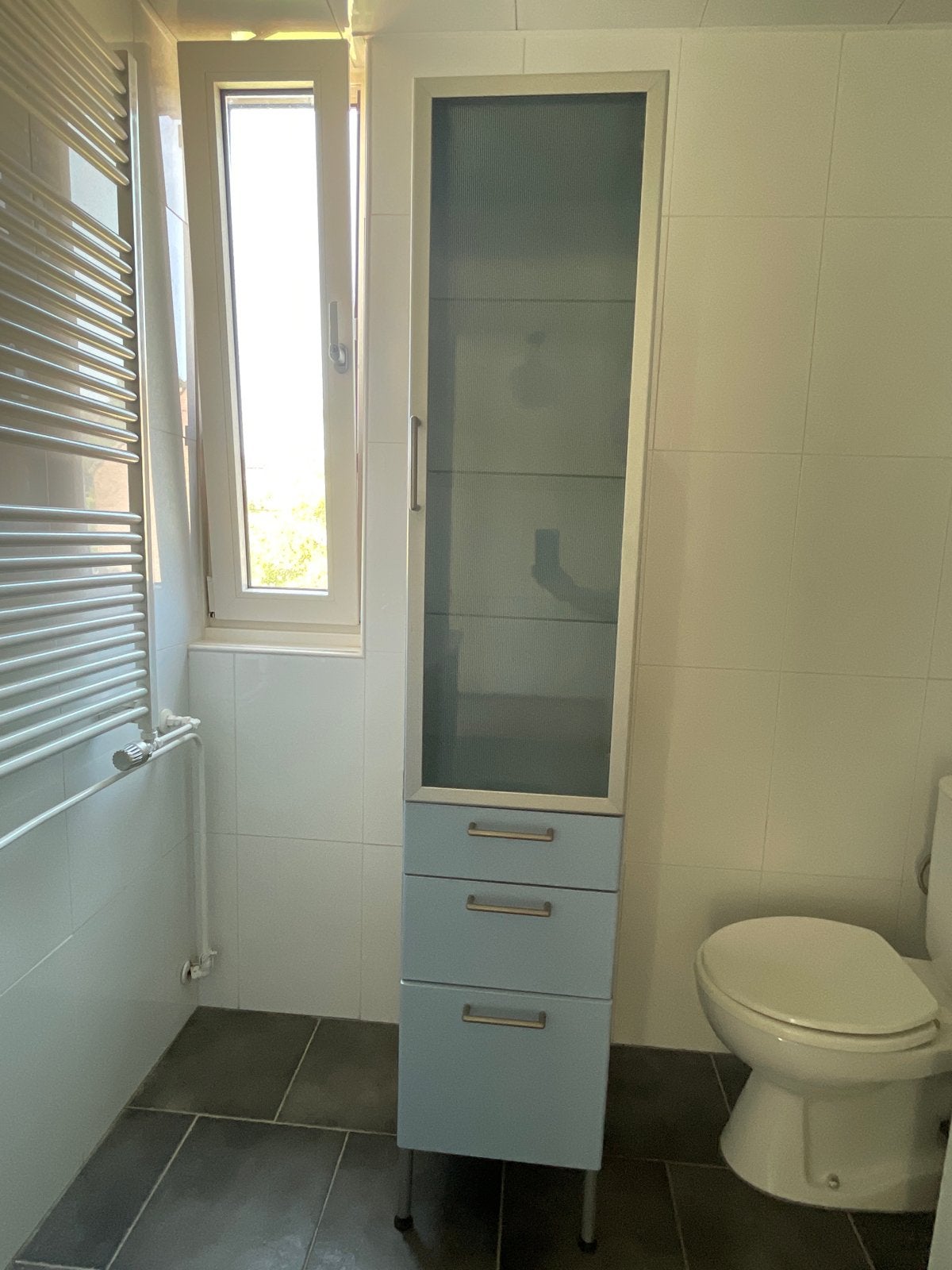 Hoge badkamerkast met glazen deur en lades, Huis en Inrichting, Badkamer | Badkamermeubels, Ophalen, (Half)hoge kast, Minder dan 50 cm