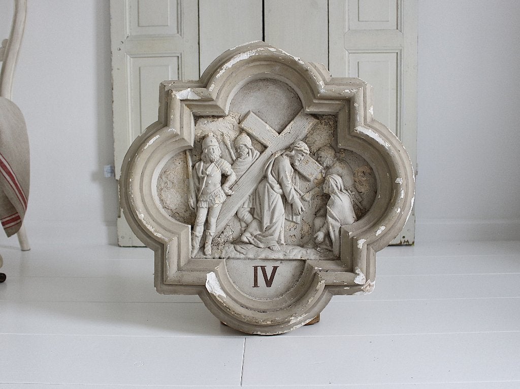 Antiek Franse Statie, Kruisweg nr. IV, Gips Reliëf, Ophalen