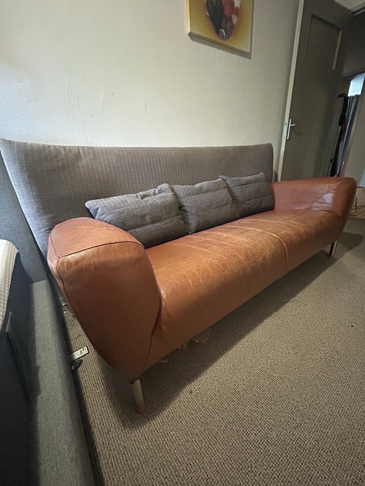 High noon design 2-zitsbank, leer en stof, gebruikt, Gebruikt, 150 tot 200 cm, Tweepersoons, Ophalen of Verzenden