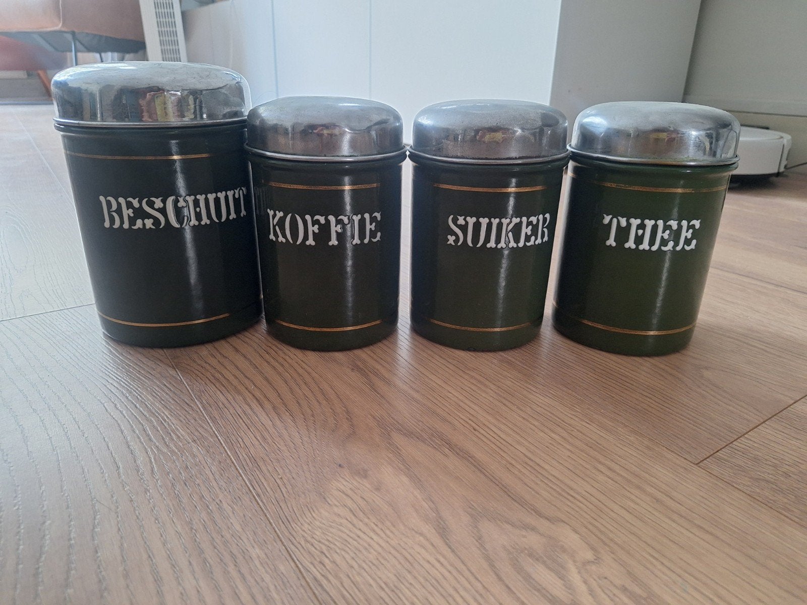 Vintage voorraadblikken set (4 stuks) - Groen, Antiek en Kunst, Ophalen of Verzenden