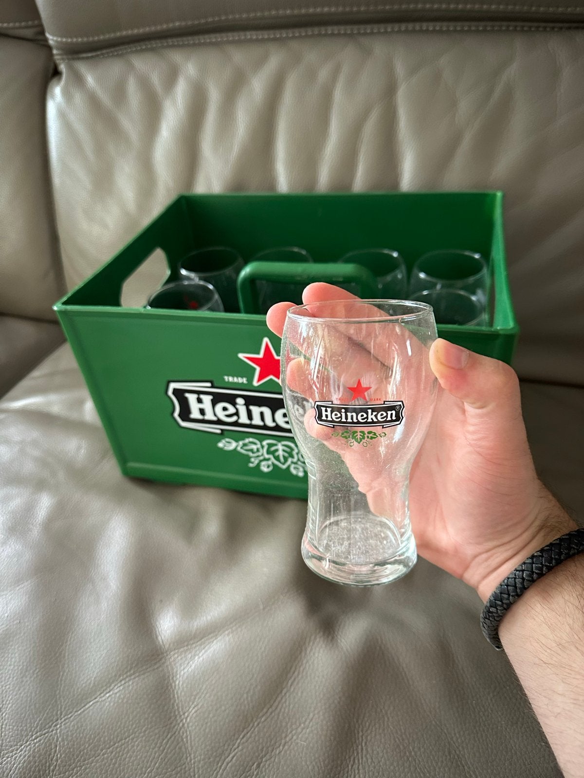 10 Heineken glazen in krat, Ophalen, Gebruikt, Glas of Glazen, Heineken