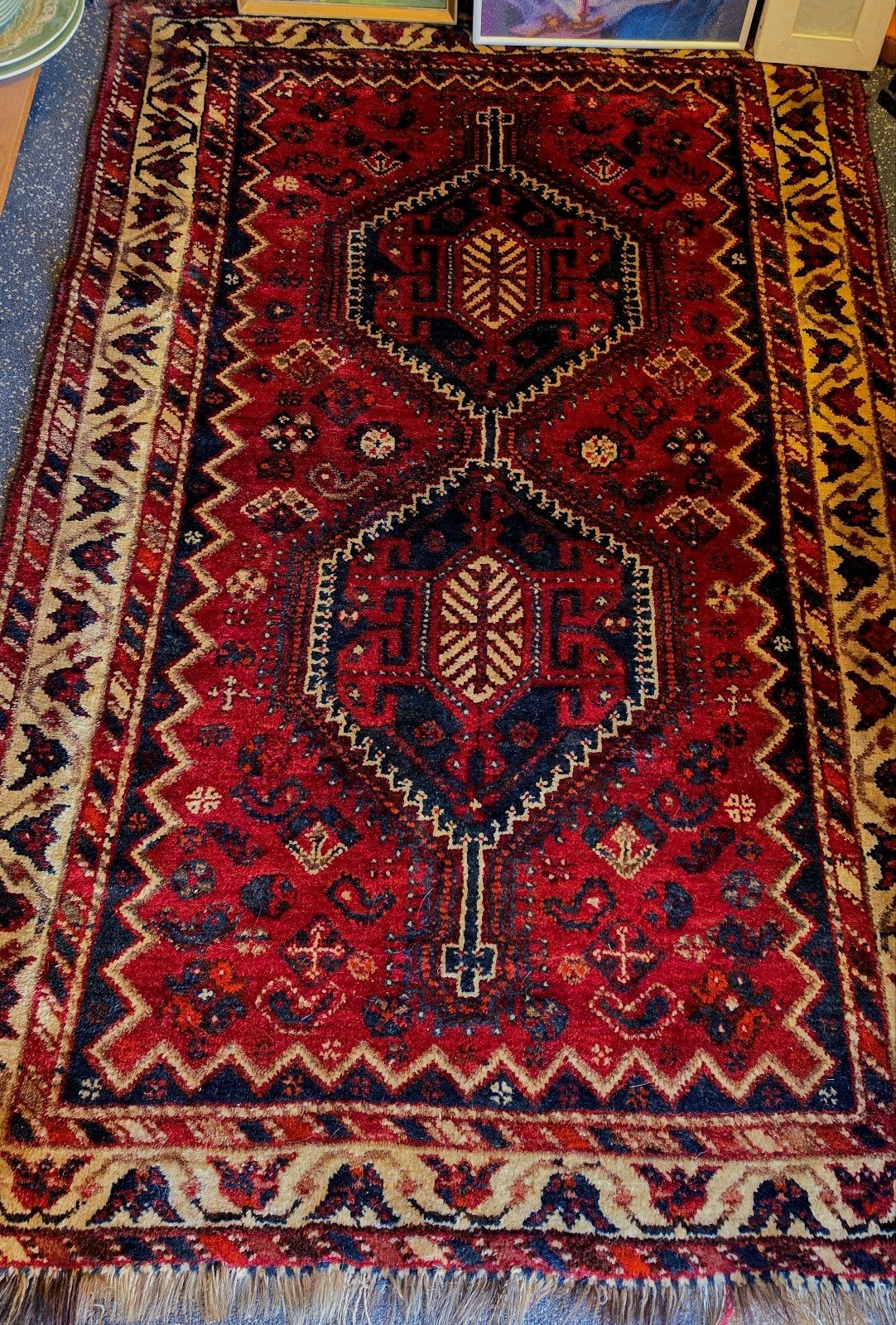 Prachtig Perzisch tapijt -of tafelkleed Rood met blauw patro, Gebruikt, 100 tot 150 cm, Perzisch, Oosters, Klassiek, Blauw