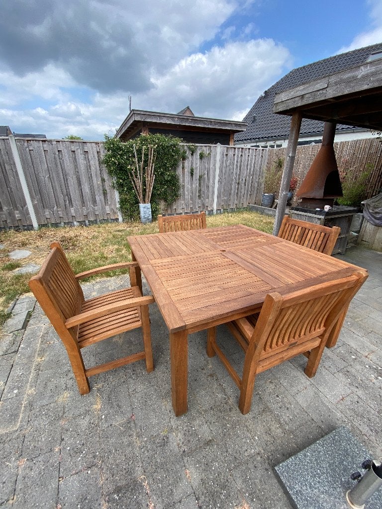 Zware teakhouten tuinset 4 stoelen, Tuin en Terras, Ophalen, Teakhout, Tuinset, Eettafel