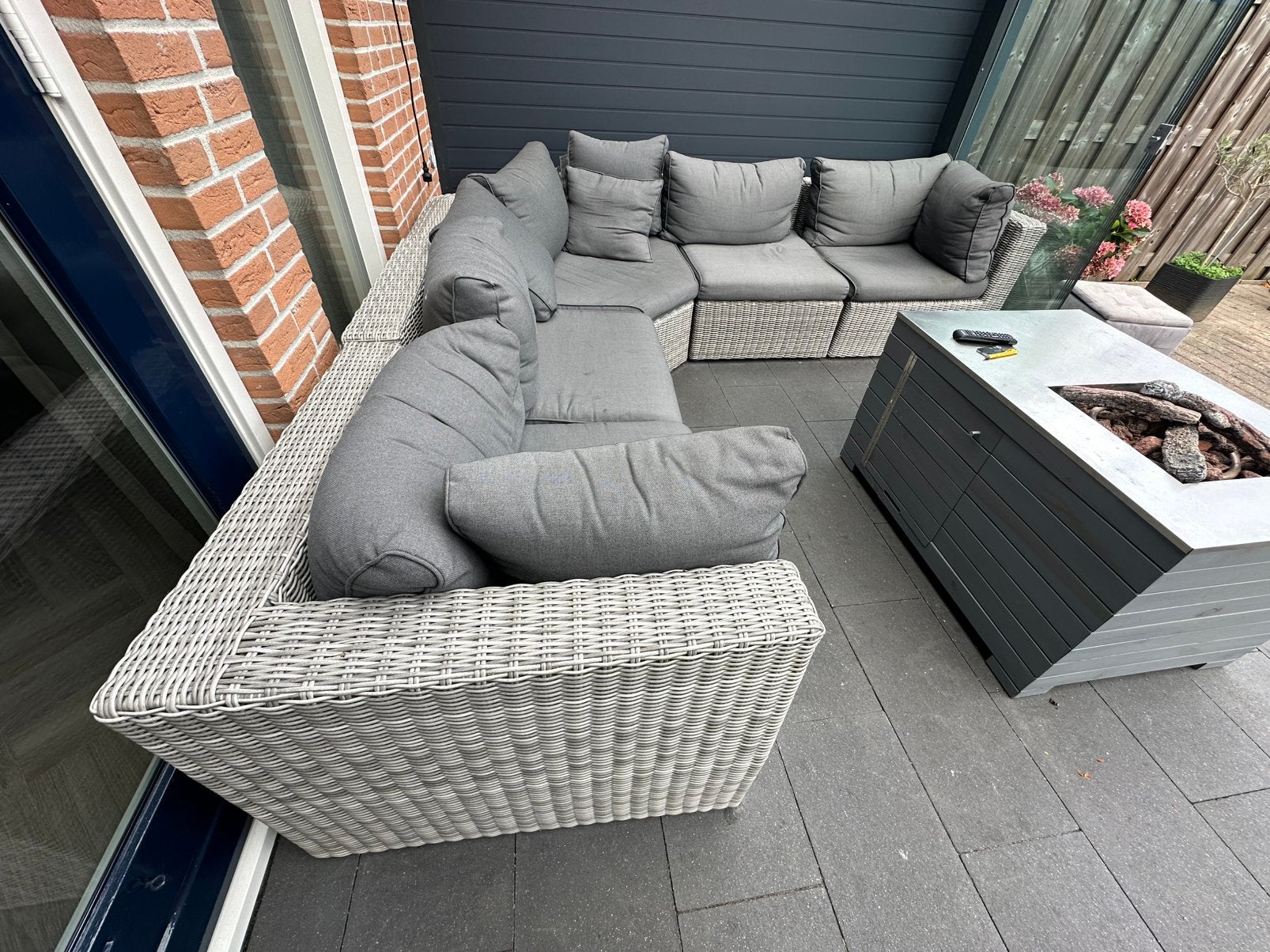 Loungeset hoekbank 270x270cm inclusief hocker, Ophalen, Overige materialen, Gebruikt, Hocker