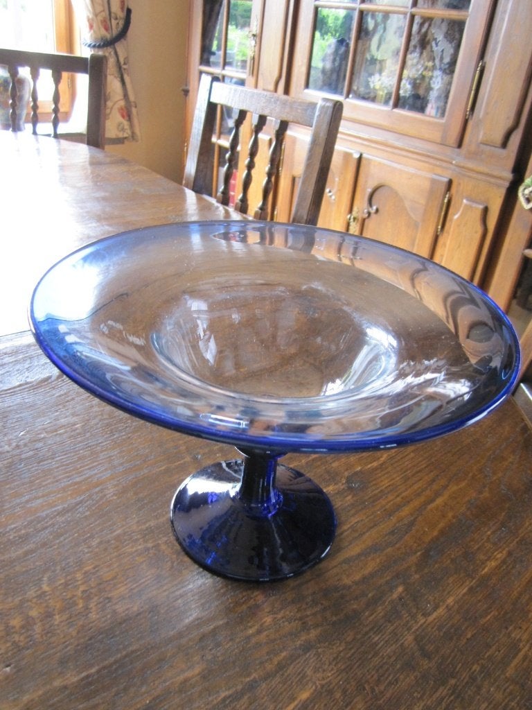 Mondgeblazen tazza - schaal op voet - kobaltblauw en helder, Verzenden