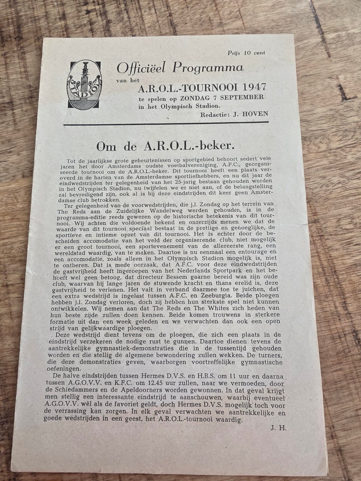 A.R.O.L.-beker Toernooi 1947 Programma Olympisch Stadion, Ophalen of Verzenden, Gebruikt, Overige binnenlandse clubs, Boek of Tijdschrift