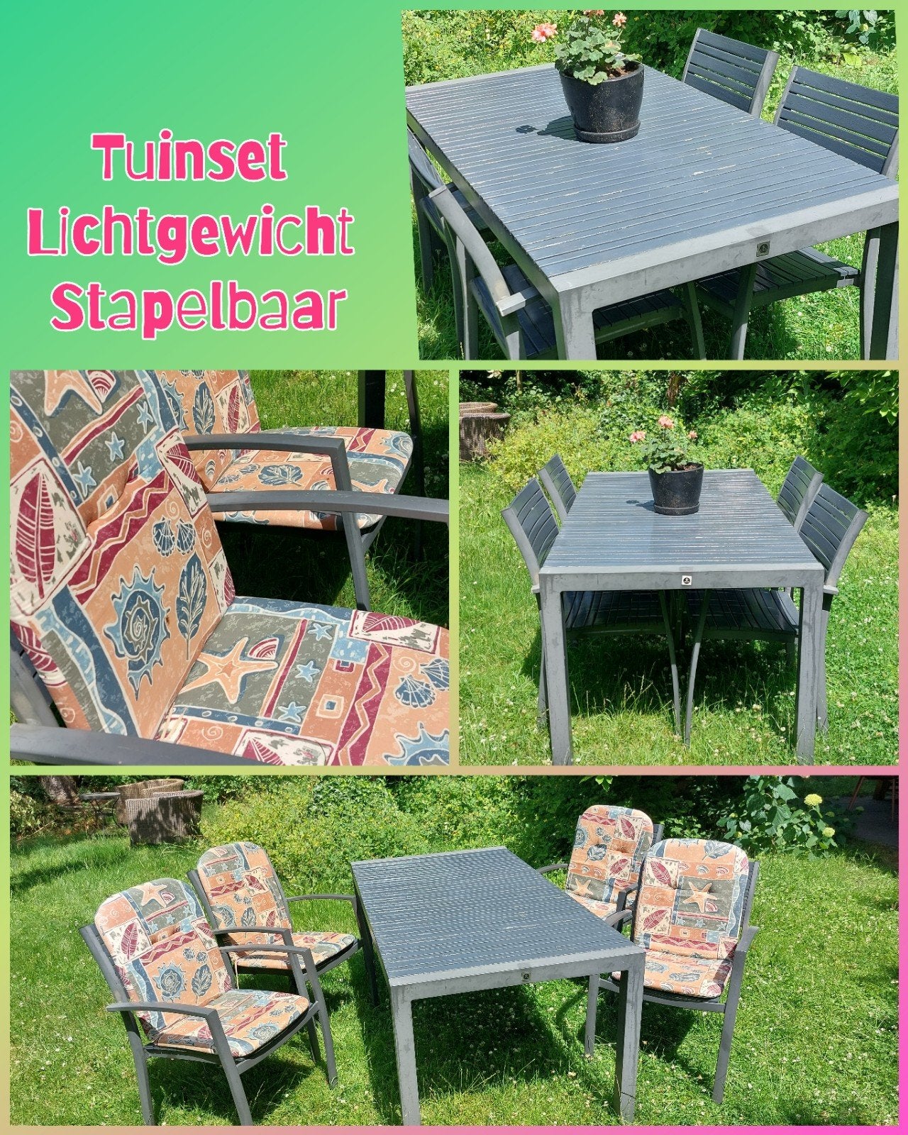 Tuinset, tuintafel, eettafel + stoelen grijs, Tuin en Terras, Tuinsets en Loungesets, Ophalen, Gebruikt, Eettafel