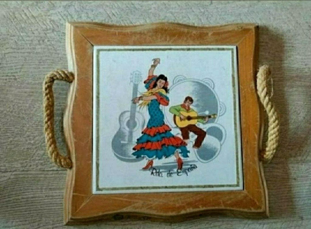 Pannenonderzetter,hout,tegel,pan,Spanje,Espsāna,Flamenco, Huis en Inrichting, Hout, Handgemaakt, Zo goed als nieuw, Pannenonderzetter