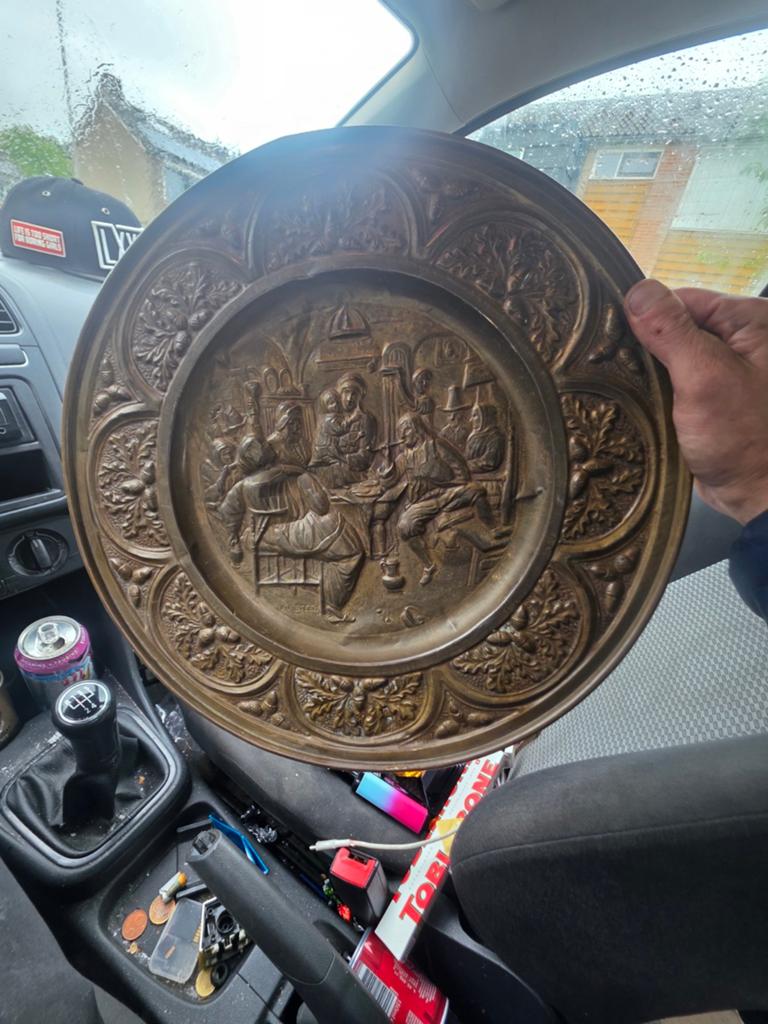 Antieke bronzen wandplaat met Jan Steen reliëf, Antiek en Kunst, Antiek | Koper en Brons, Ophalen of Verzenden, Brons