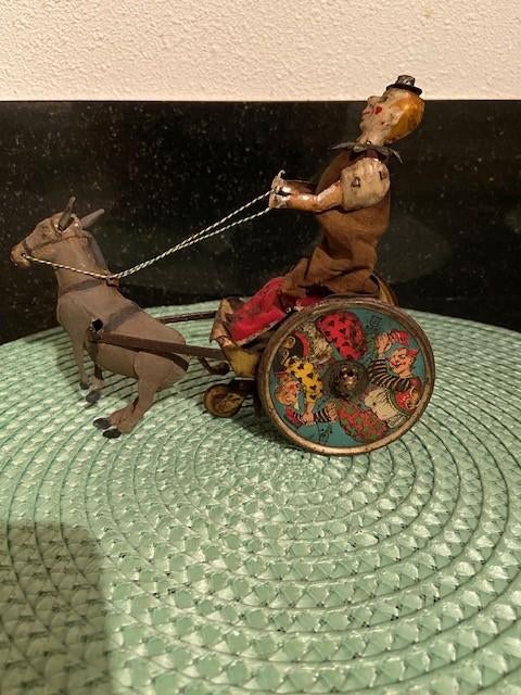 E.P. Lehmann Balky Mule 1905-10, Clown op ezelwagen. Windup., Antiek en Kunst, Antiek | Speelgoed, Ophalen of Verzenden