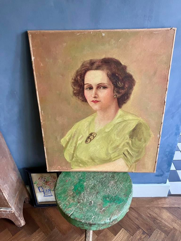 Groot oud (Frans) schilderij van een vrouw op linnen doek, Ophalen