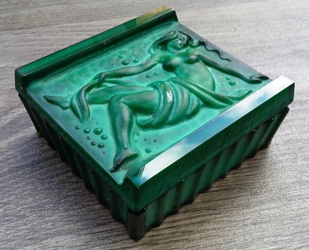 Omstreeks 1930 Art Deco Jugendstil Dekseldoos Malachiet Glas, Antiek en Kunst, Ophalen of Verzenden