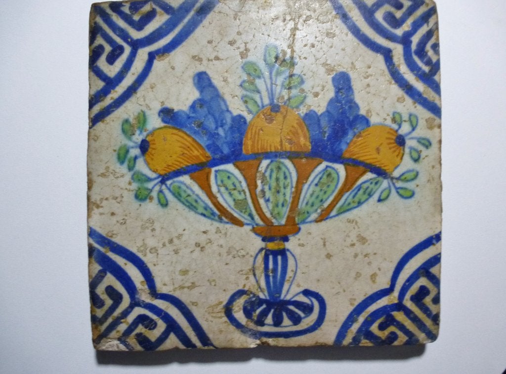 Zeldzame 17e eeuwse polychrome BLOEMVAAS tegel!, Antiek en Kunst, Ophalen of Verzenden