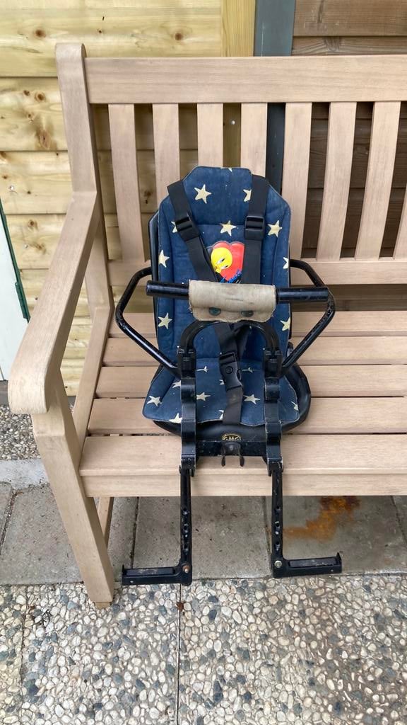 Vintage voorzitje GMG €7,50, Fietsen en Brommers, Fietsaccessoires | Fietsstoeltjes, Ophalen, Gebruikt, Voorzitje, Voetsteuntjes