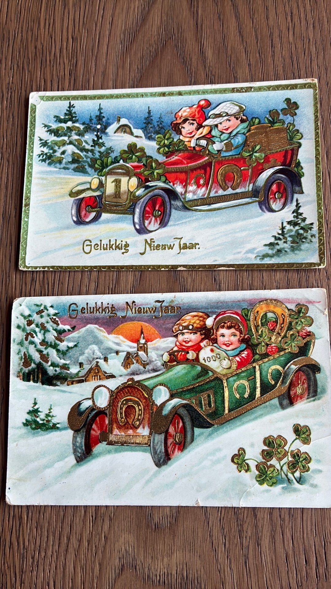 3x Kinderen in auto,sneeuw,hoefijzer,klaver,goudopdruk., Verzamelen, Ophalen of Verzenden, 1920 tot 1940, Gelopen, Kinderen