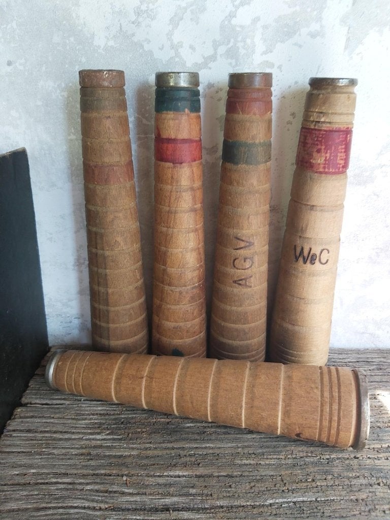 5 stoere houten (fabrieks) klossen /spoelen met metalen rand, Antiek en Kunst, Ophalen of Verzenden