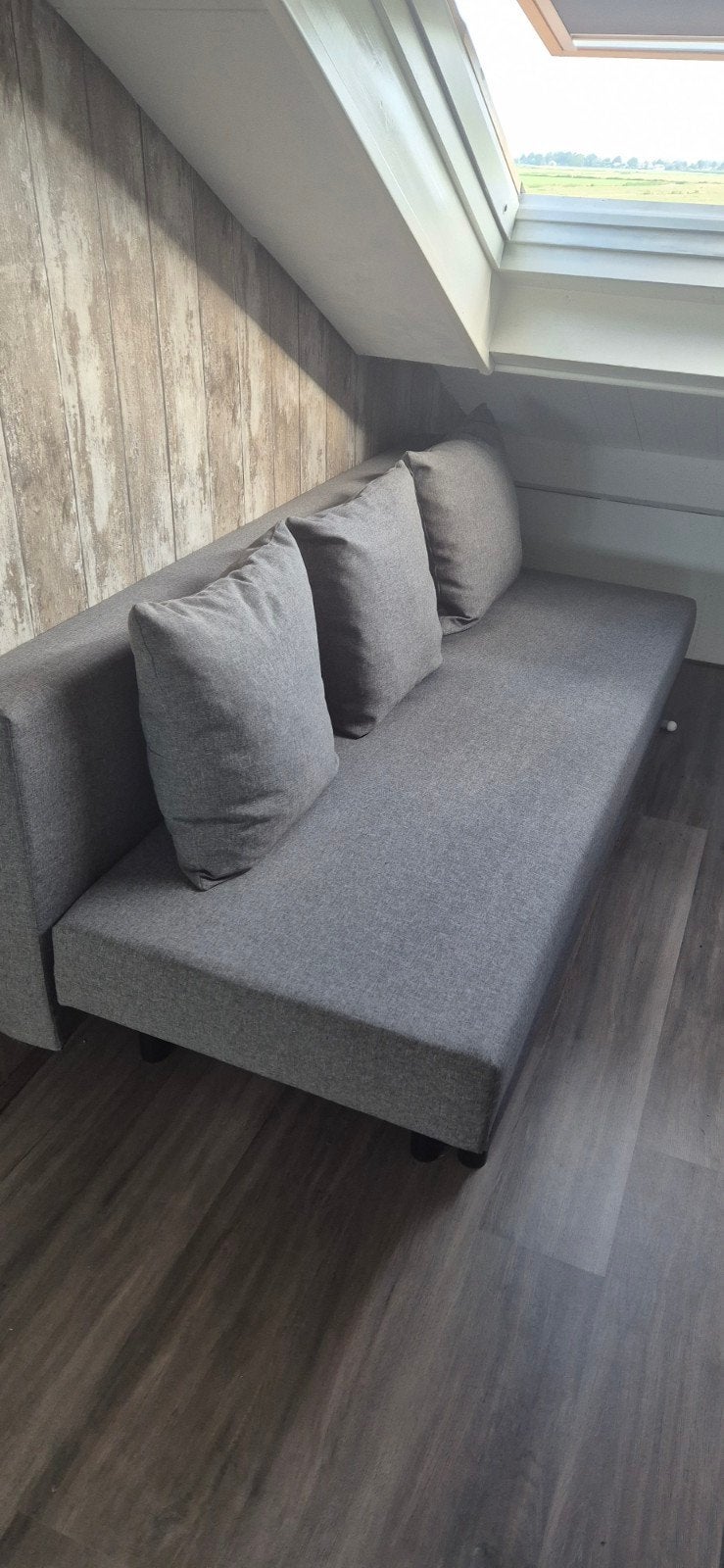 3-zits grijze Ikea slaapbank met kussens, Ophalen, Tweepersoons, Zo goed als nieuw, Overige maten