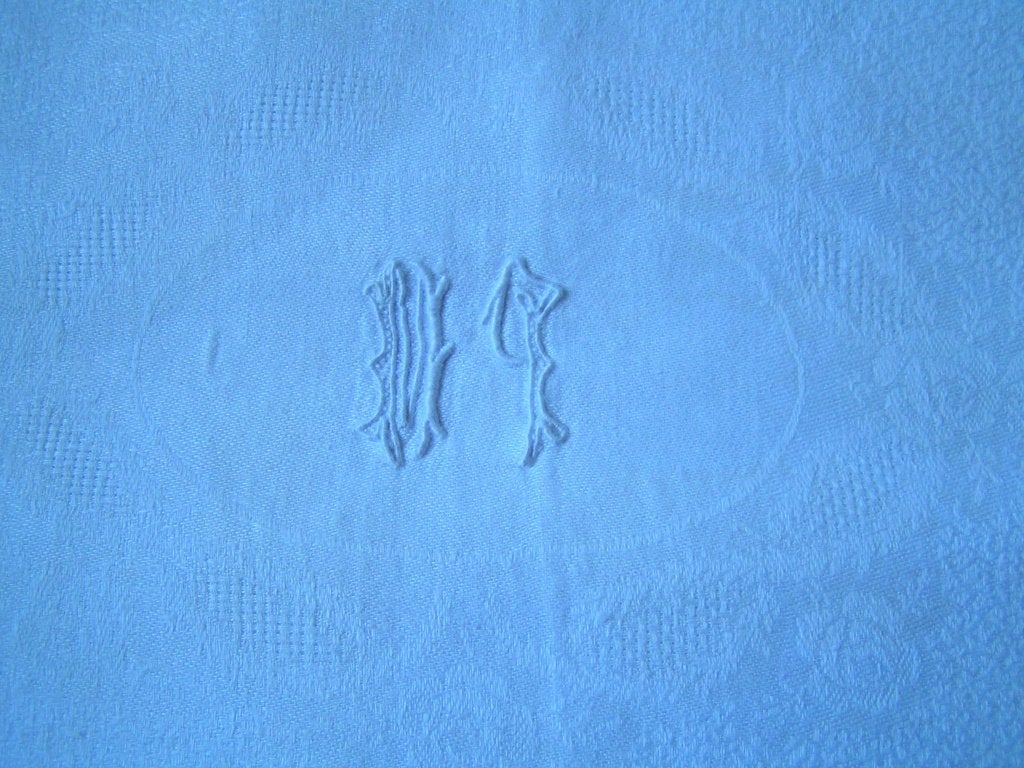 frans vintage katoenen tafelkleed met monogram nr AA 1285, 162 cm, Verzenden, Katoen, Wit
