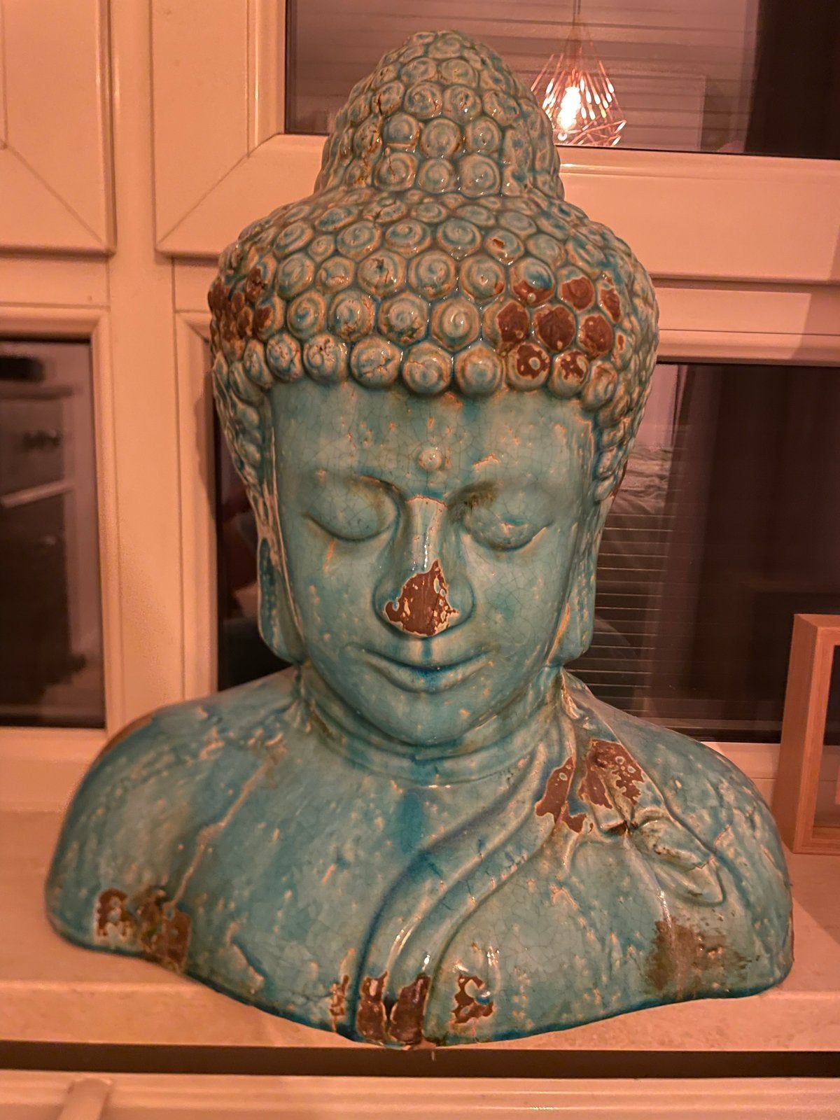 Grote Boeddha Buste - Turquoise met Antieke Afwerking, Ophalen, Gebruikt, Steen/keramiek, Meerkleurig