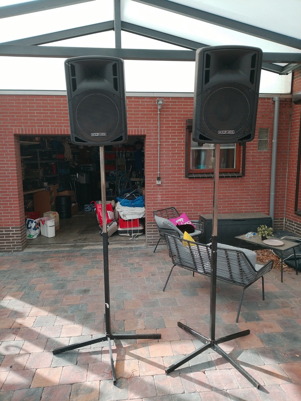 König PA-SMP1202 2-weg ABS PA Luidsprekers met standaarden, Gebruikt, Party speaker, Inclusief kabels, Ophalen