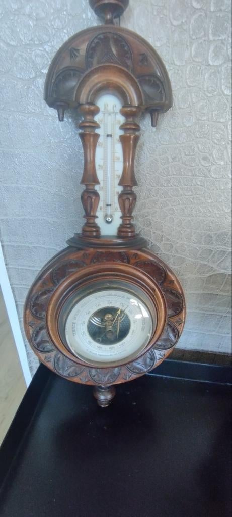 Antieke Barometer & Thermometer - Houtsnijwerk, Ophalen of Verzenden, Gebruikt, Barometer