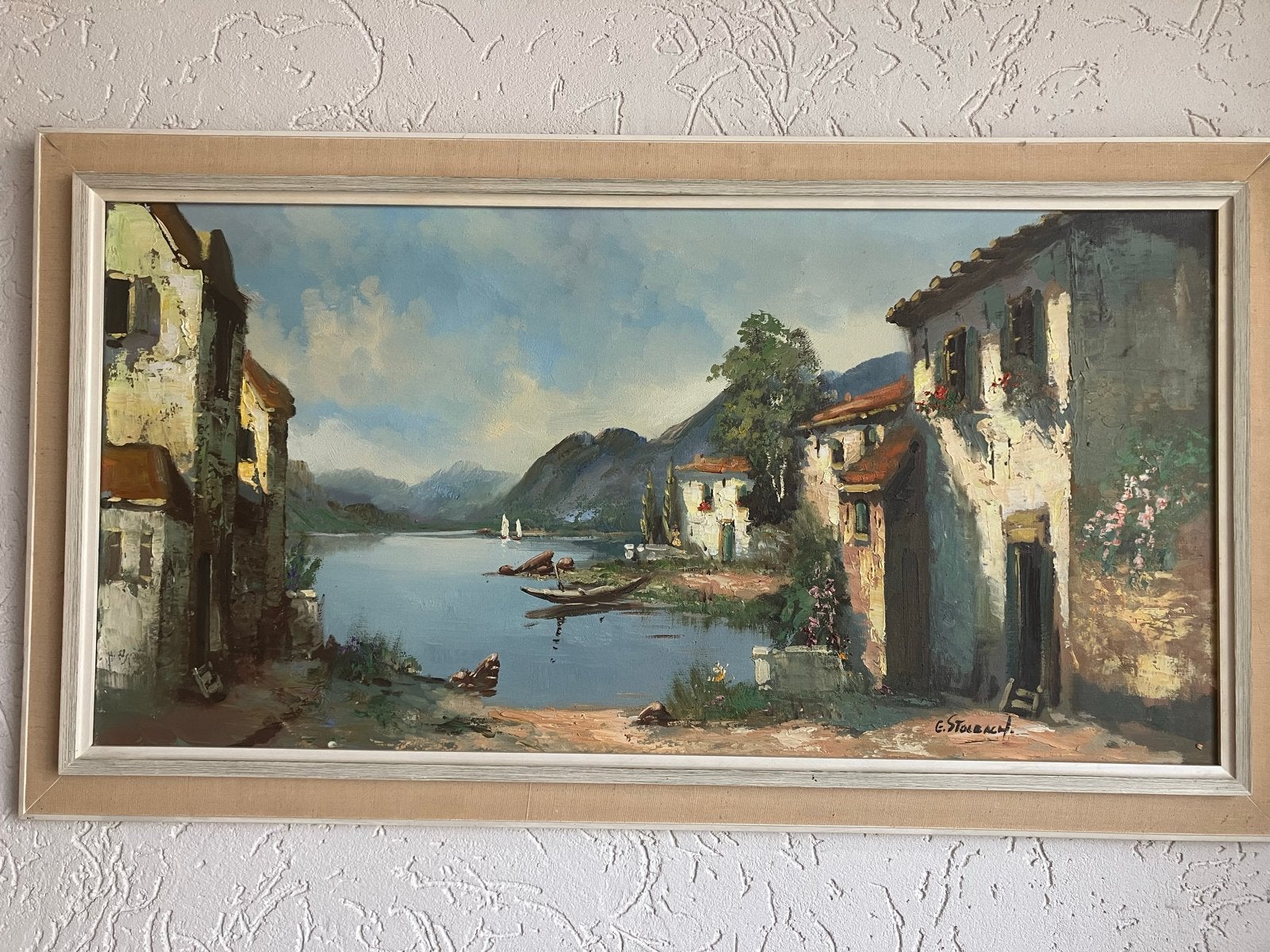 Schilderij E. Stolbach - Landschap met water en huizen, Antiek en Kunst, Doek, Realistisch, Ophalen of Verzenden, Gesigneerd