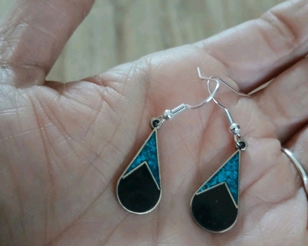 Vintage oorbellen Turquoise/Onyx ( Alpaca Mexico), Ophalen of Verzenden, Overige materialen
