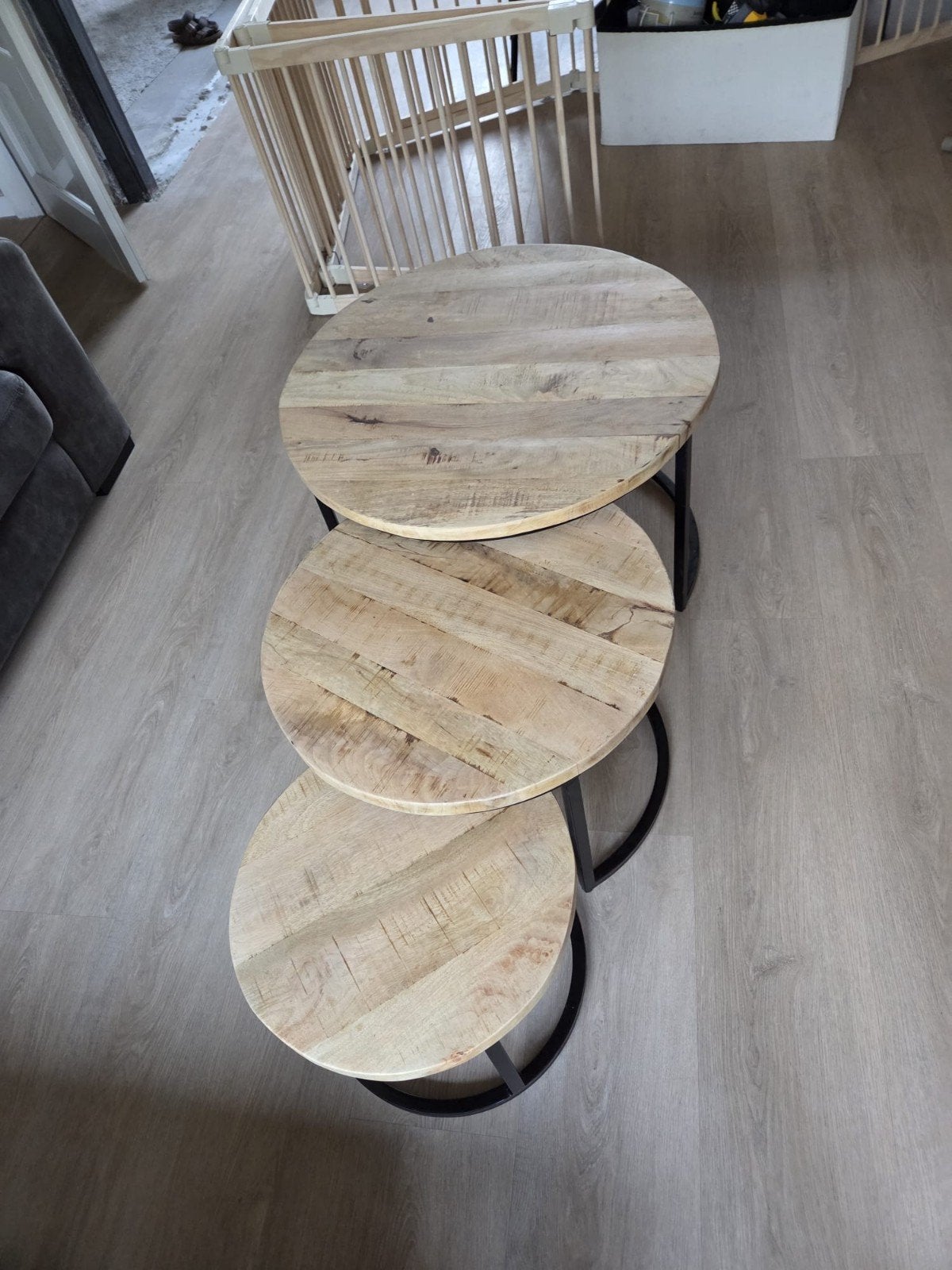 Set van 3 ronde salontafels, mangohout en metaal, Ophalen, 50 tot 100 cm, Rond, 50 tot 100 cm