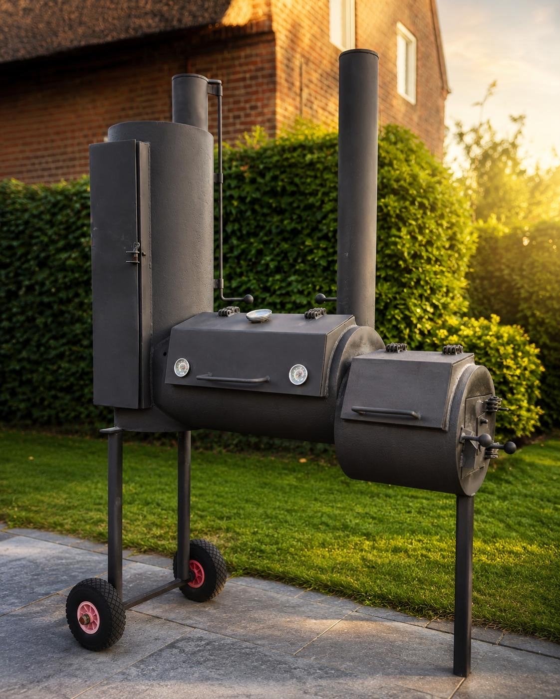Handgemaakte Smoker BBQ - Dik Metaal, Reverse Flow, Ophalen, Gebruikt