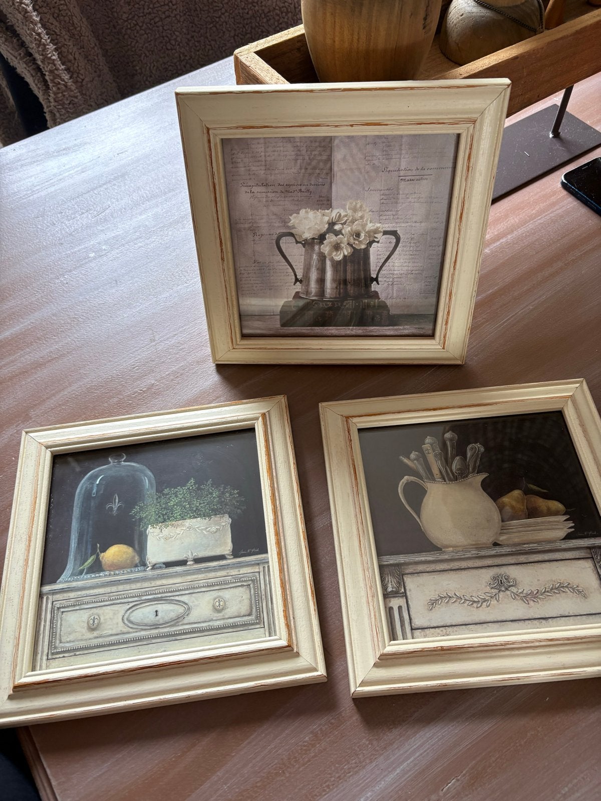 3 ingelijste brocante stillevens - landelijk & nostalgisch, Huis en Inrichting, Minder dan 50 cm, Gebruikt, Ophalen of Verzenden