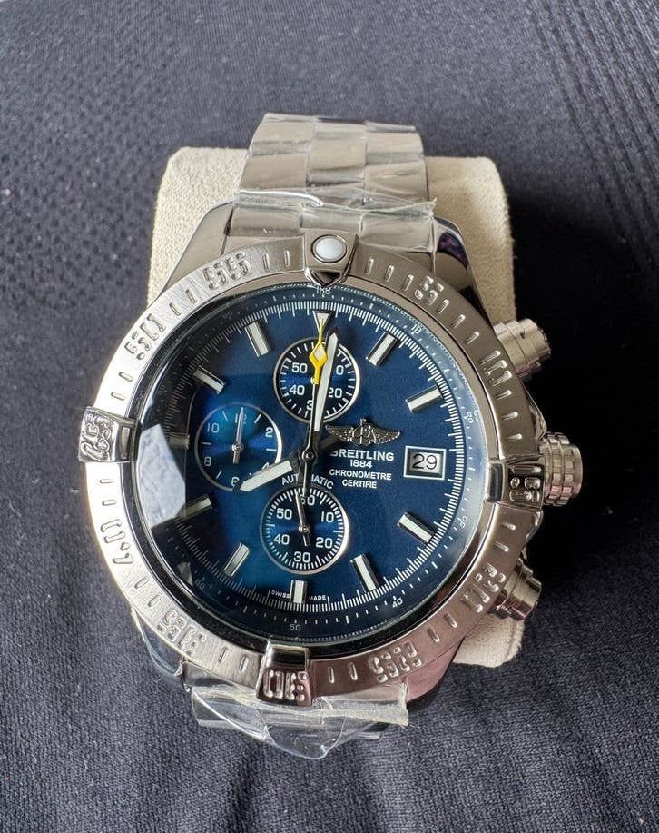Breitling Chronograaf Herenhorloge - Blauwe Wijzerplaat, Staal, Breitling, Polshorloge, Ophalen of Verzenden