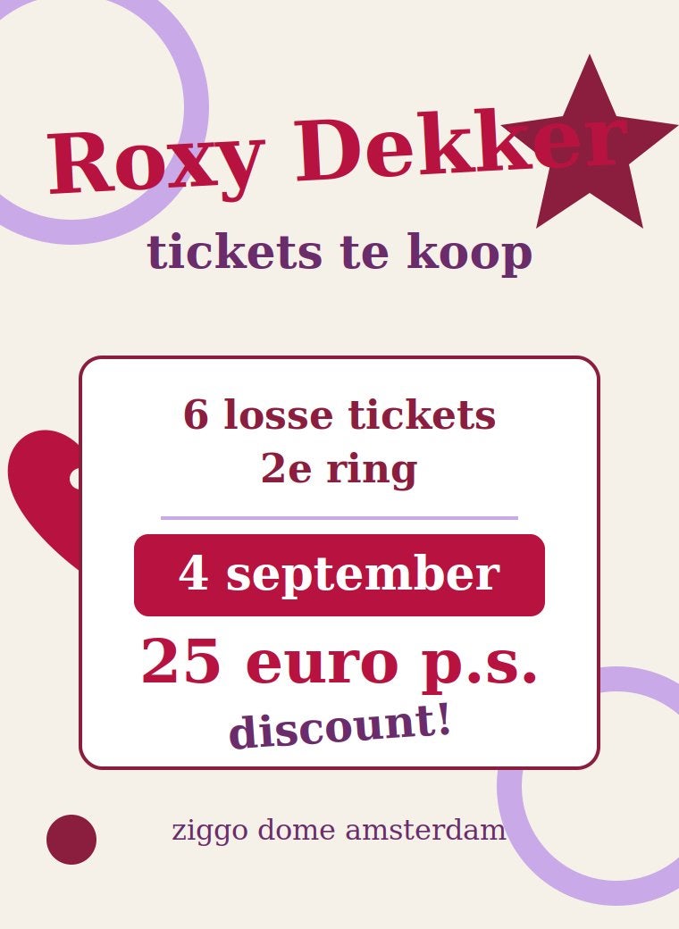 Roxy Dekker KORTING tickets 4 september, Tickets en Kaartjes, Twee personen, September