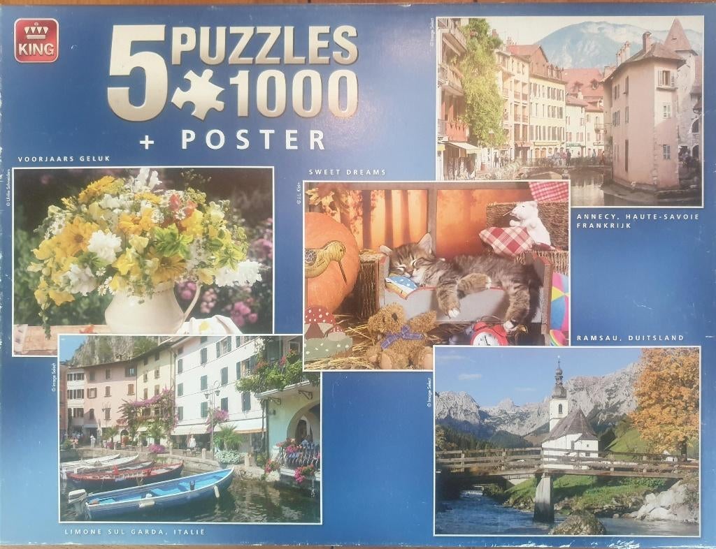 King puzzeldoos met 5 puzzels van 1000 pc, Hobby en Vrije tijd, Denksport en Puzzels, Ophalen of Verzenden, 500 t/m 1500 stukjes