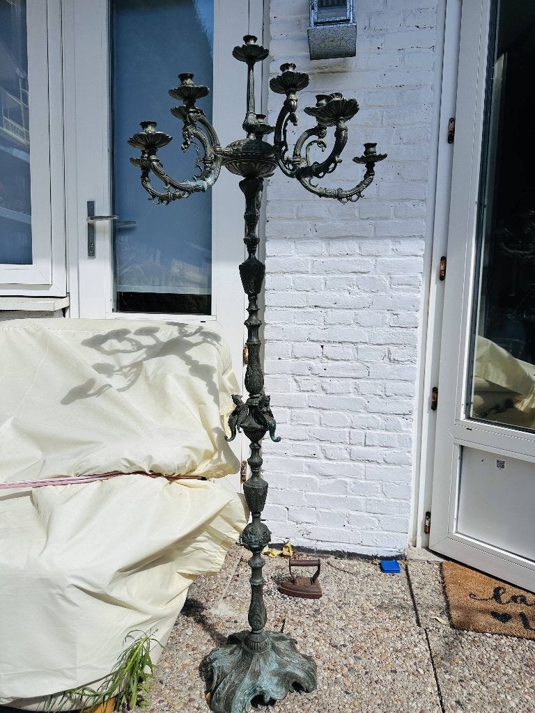 Antieke bronzen vloerkandelaar 145 cm 19e eeuwse, Ophalen, Koper of Brons