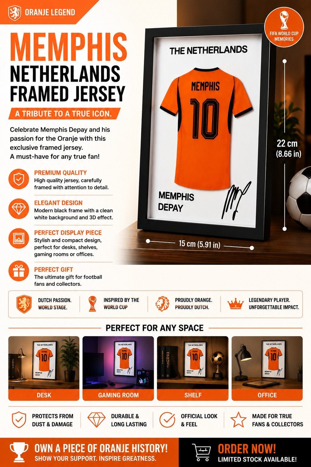 Memphis Depay Oranje Ingelijst Shirt - FIFA WK Memories, Maat XL, Ophalen of Verzenden, Nieuw, Overige typen