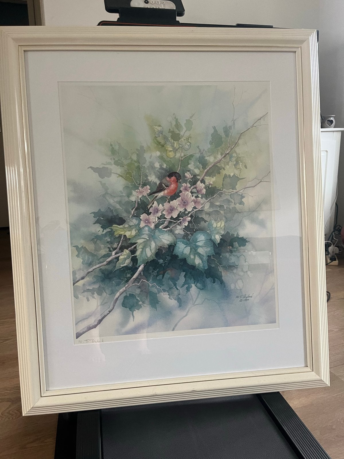 Aquarel Schilderij: Goudvink in Bloeiende Takken, Realistisch, Dieren, Ophalen of Verzenden, Gesigneerd