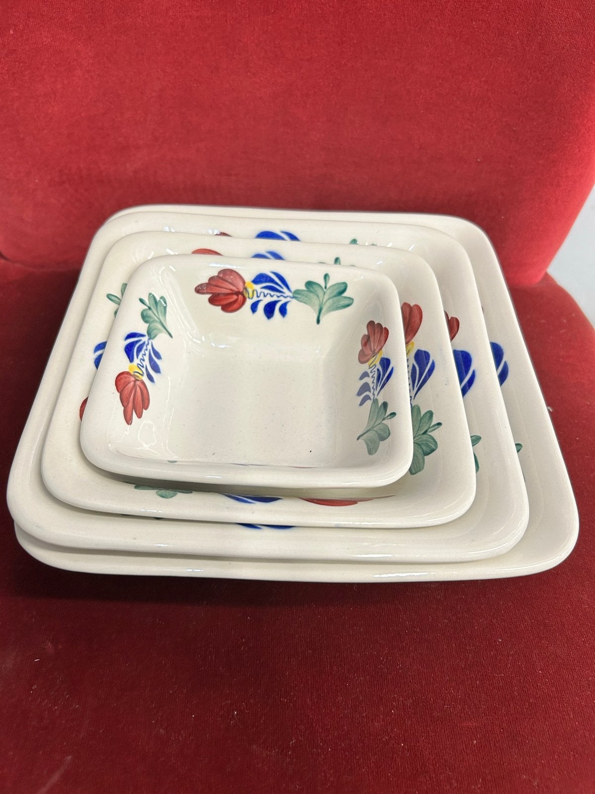 Set van 4 vierkante schalen met boerenbont, Gebruikt, Overige merken, Keramiek, Landelijk/Boerenbont