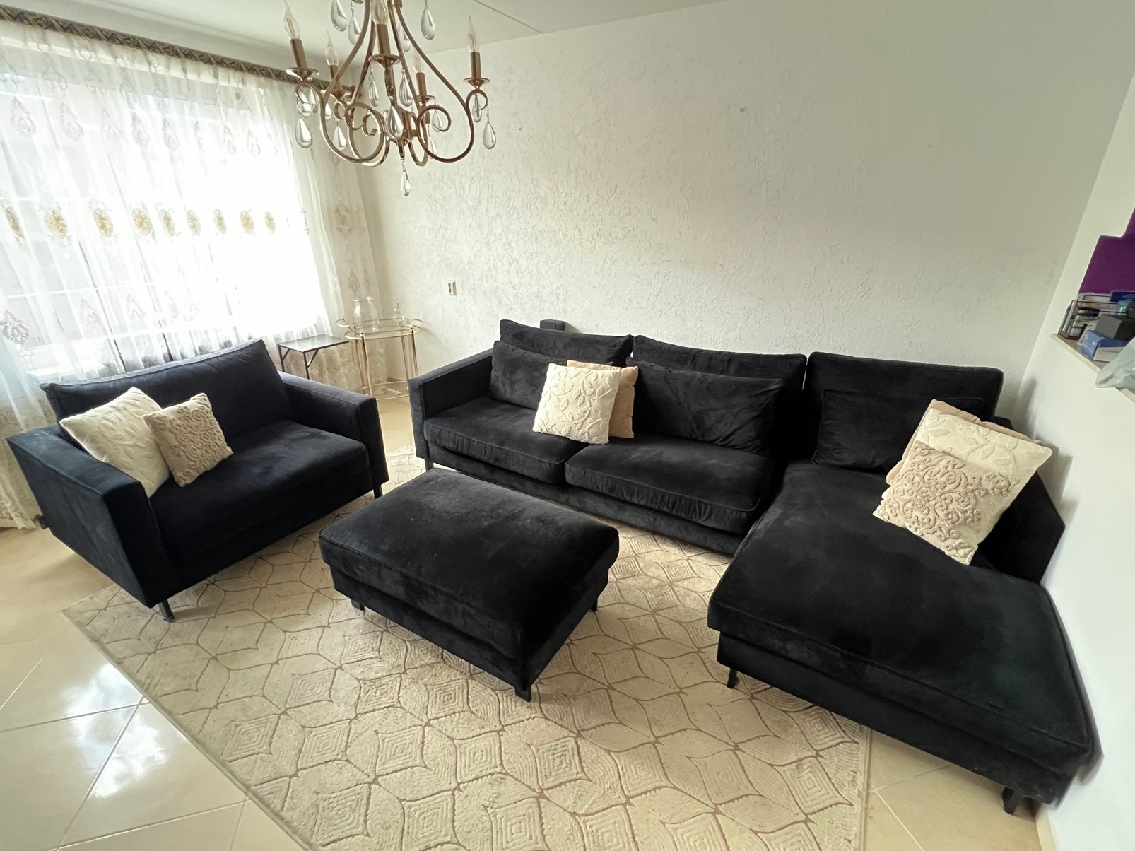 Set Hoekbank (incl. Loveseat en Hocker), Ophalen, Luxe, hotel chique, Zo goed als nieuw, Stof