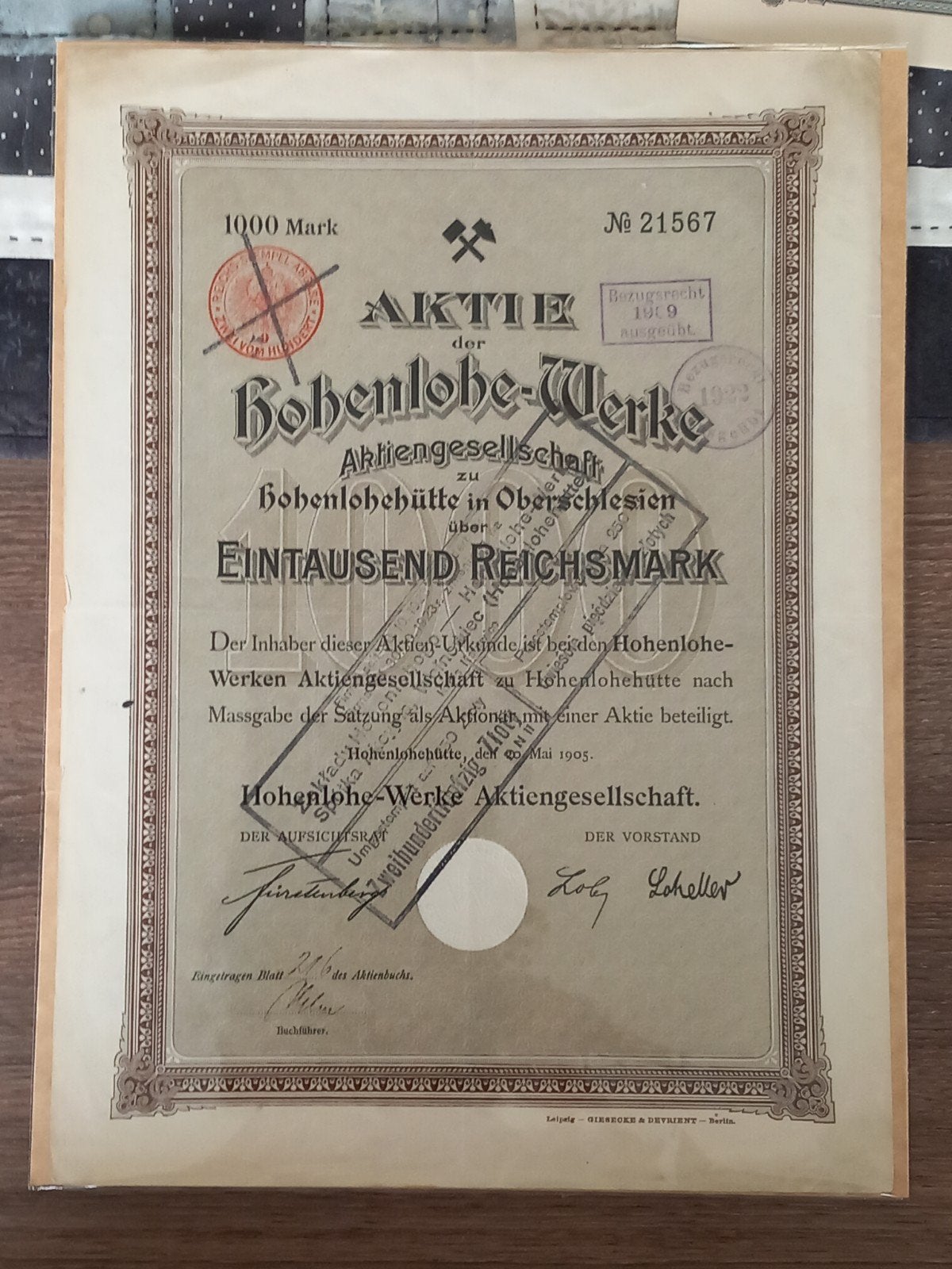 Historisch oprichtersaandeel Hohenlohe-Werke AG 1905, Verzenden