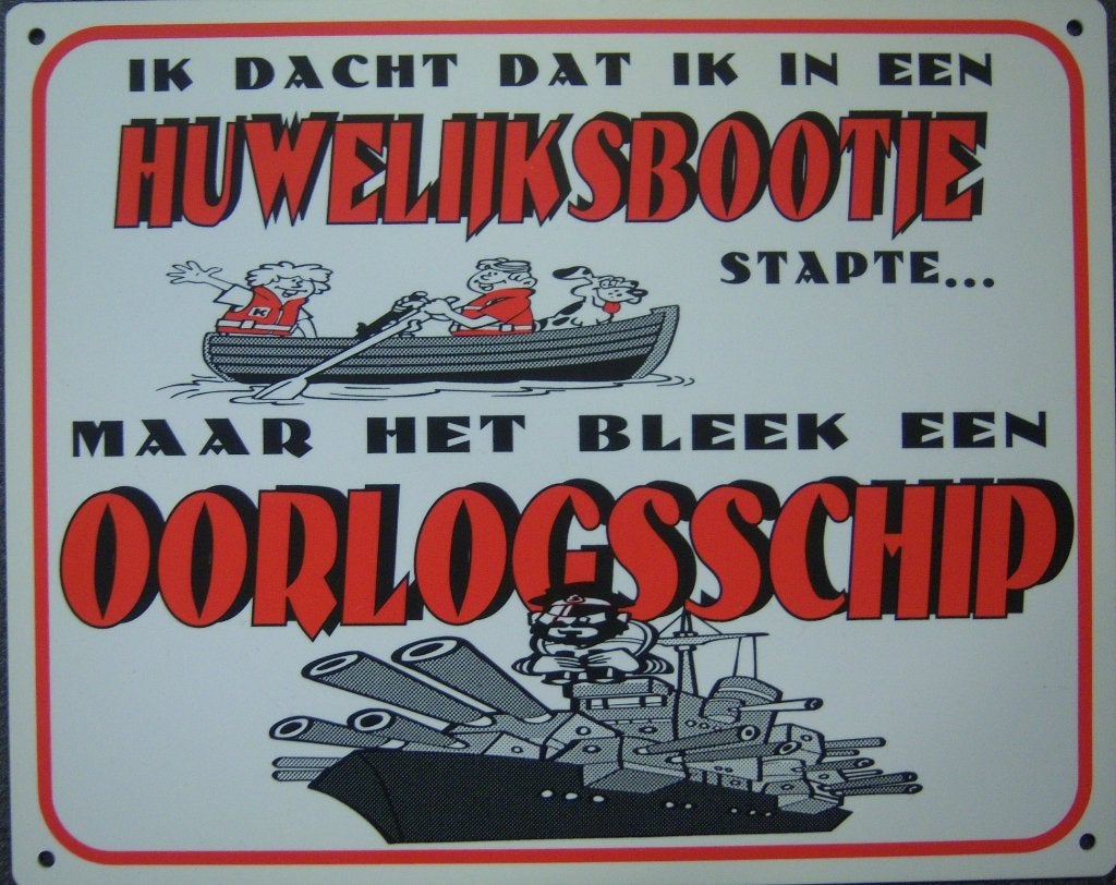 Huwelijksbootje bleek oorlogsschip kunststof reclamebord, Info@deconoord.nl, Deco Noord, Nieuw, Ophalen of Verzenden