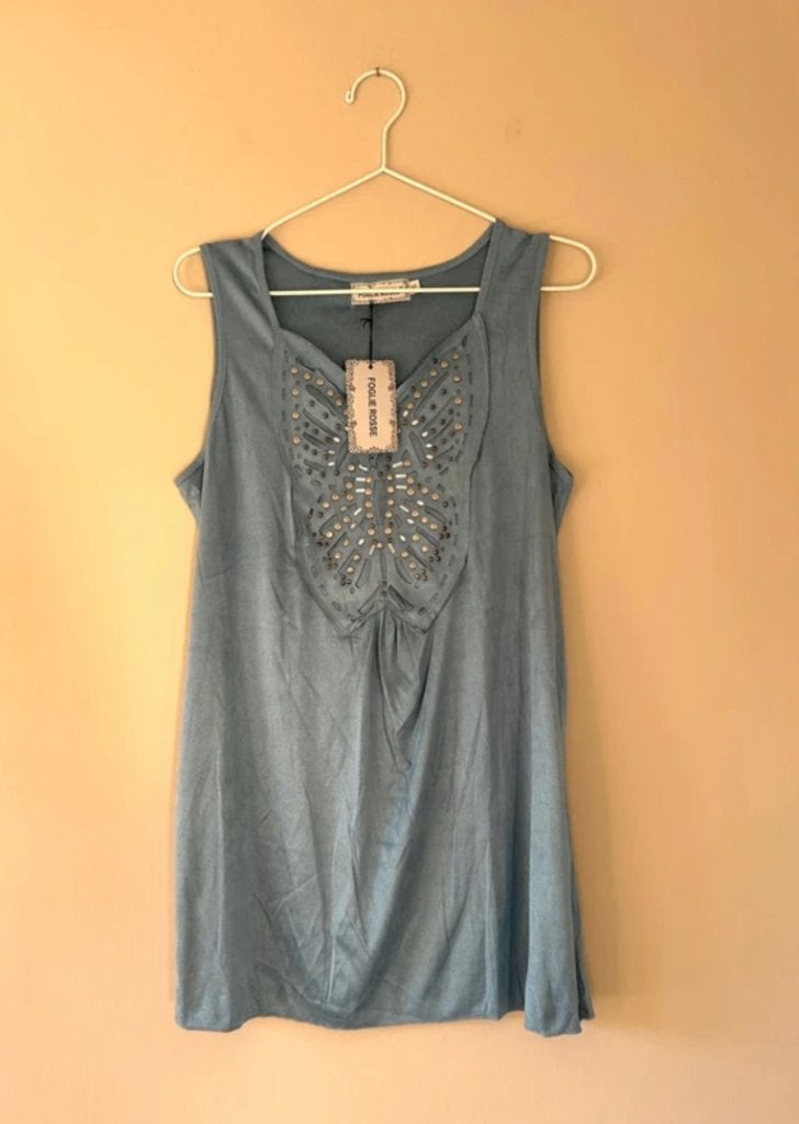 NIEUW blauw suede top maat XL / 44 vlinder stud, Blauw, Maat 46/48 (XL) of groter, Nieuw, Ophalen of Verzenden