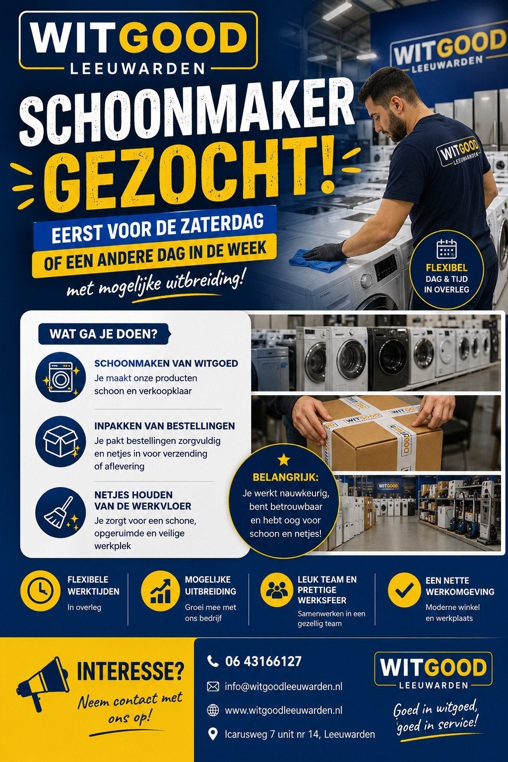 schoonmaker/allround medewerker witgoed gezocht!, Overige niveaus, Starter, Overige vormen