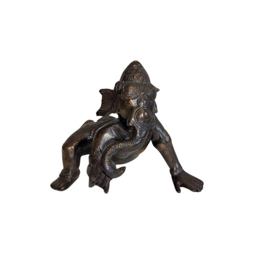 Bronzen Ganesha in kruiphouding – India - 076, Huis en Inrichting, Woonaccessoires | Boeddhabeelden, Gebruikt, Ophalen of Verzenden