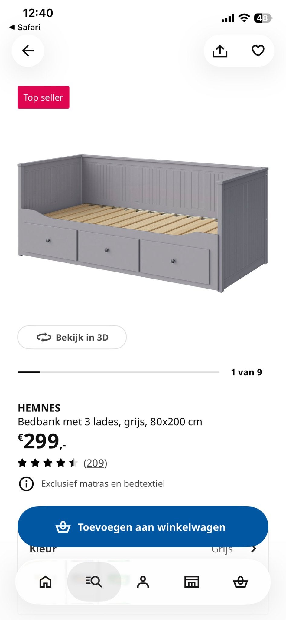 IKEA Hemnes Bedbank Grijs met 3 Lades, Ophalen, Gebruikt, Eenpersoons, 80 cm
