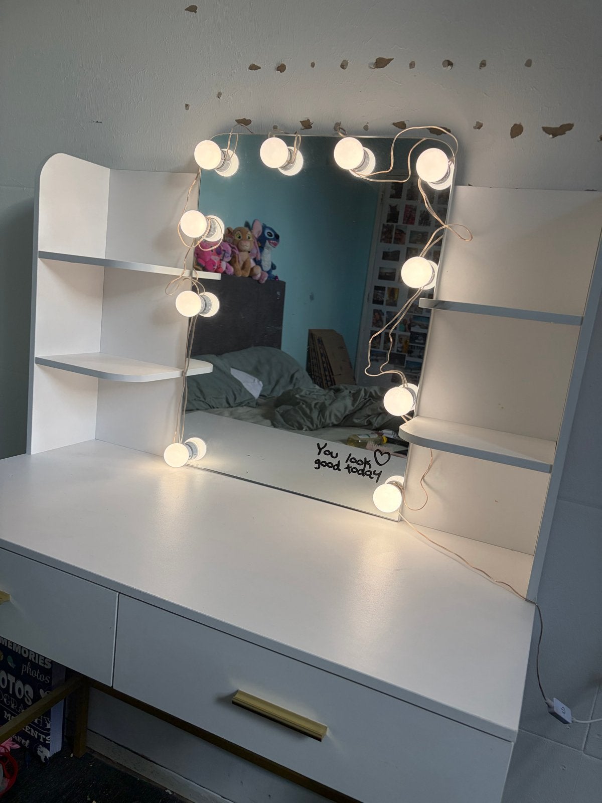 Witte make-up tafel met spiegel en verlichting, Ophalen, Zo goed als nieuw, Hout, 100 tot 150 cm